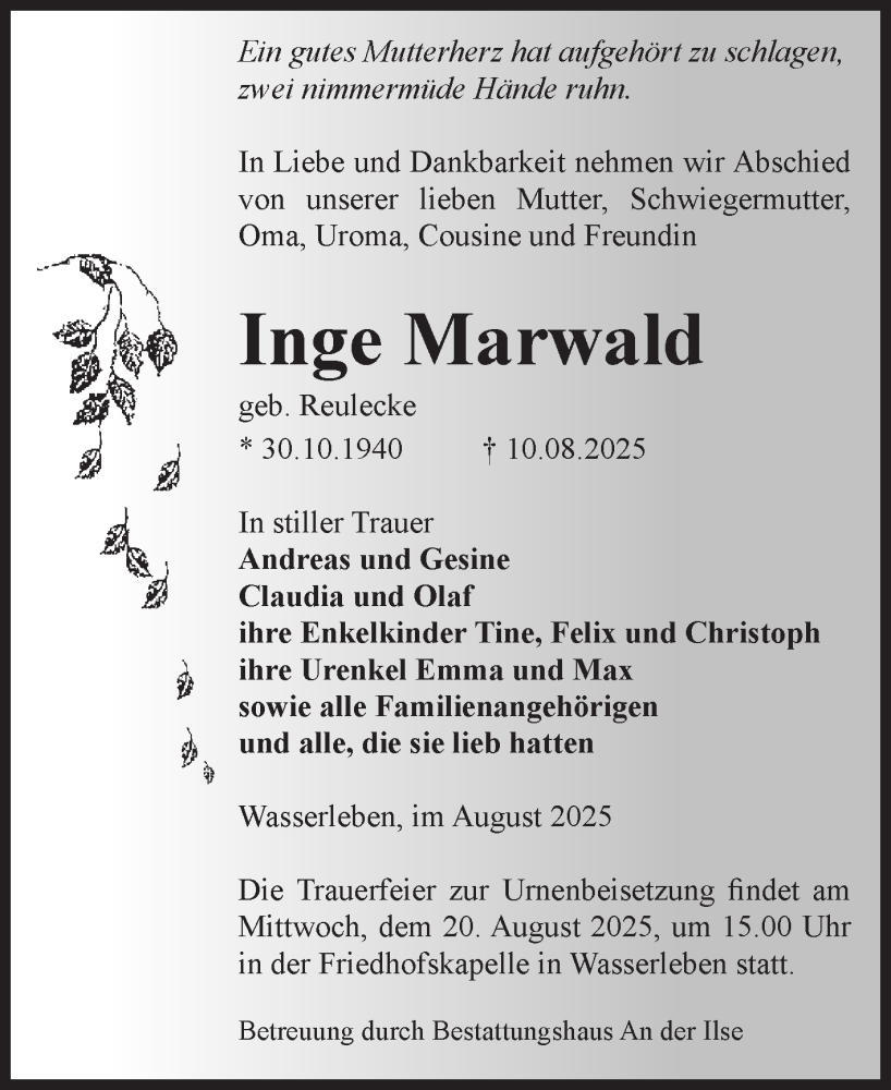  Traueranzeige für Inge Marwald vom 16.08.2025 aus Volksstimme Wernigerode