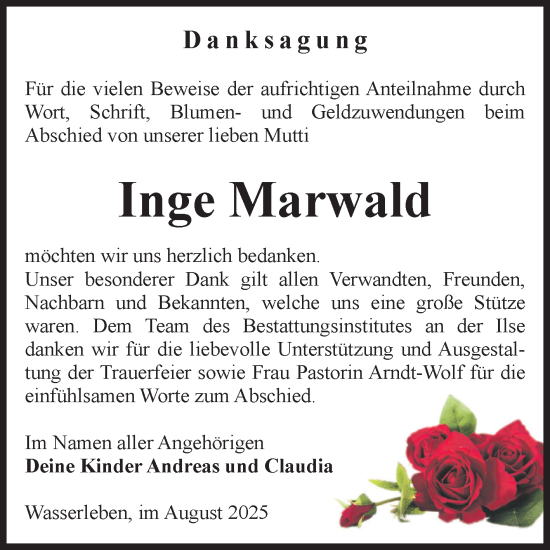 Traueranzeige von Inge Marwald von Volksstimme Wernigerode