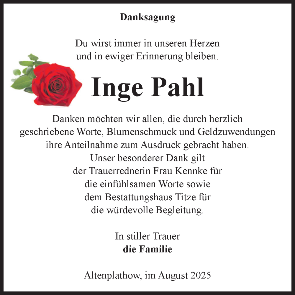  Traueranzeige für Inge Pahl vom 16.08.2025 aus Volksstimme Burg/Genthin