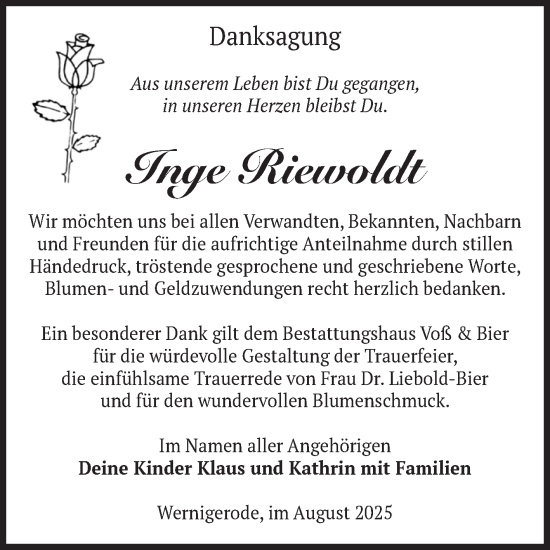 Traueranzeige von Inge Riewoldt von Volksstimme Wernigerode