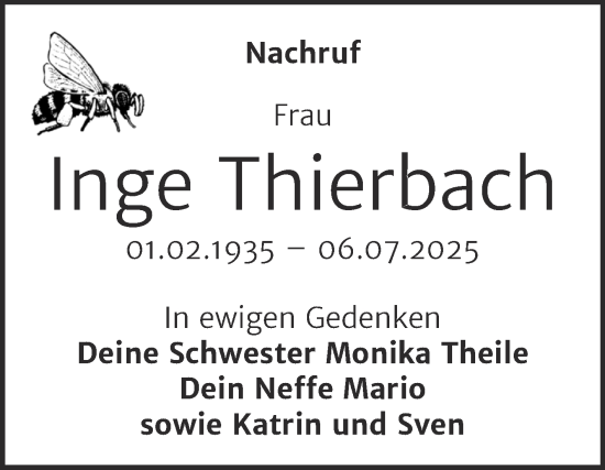 Traueranzeige von Inge Thierbach von Trauerkombi Weißenfels