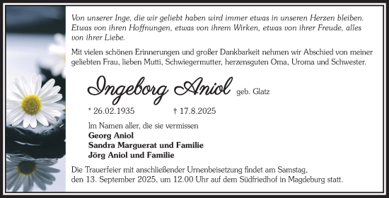 Traueranzeige von Ingeborg Aniol von Volksstimme Magdeburg