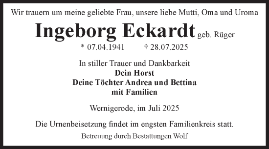 Traueranzeige von Ingeborg Eckardt von Volksstimme Wernigerode