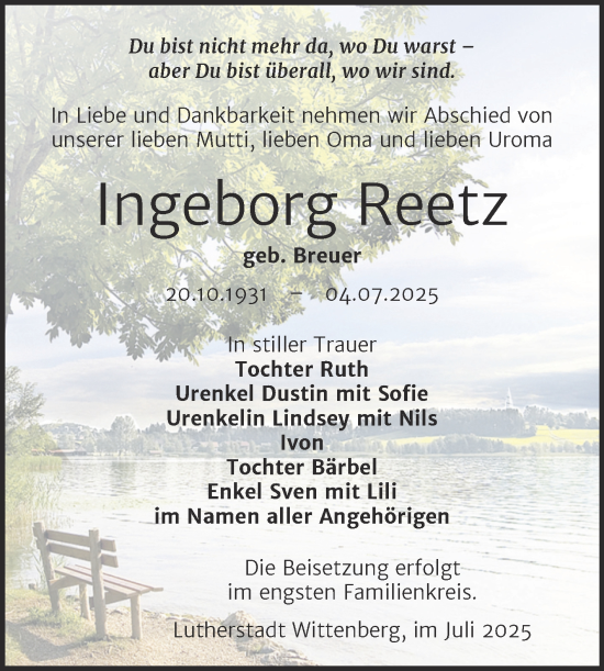 Traueranzeige von Ingeborg Reetz von Trauerkombi Wittenberg