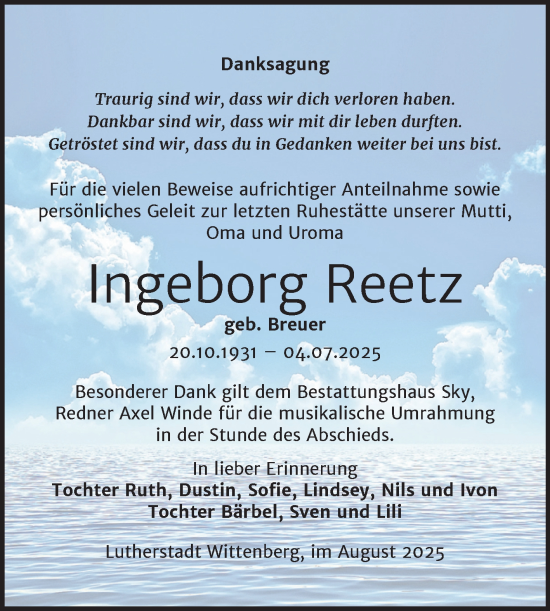 Traueranzeige von Ingeborg Reetz von Trauerkombi Wittenberg