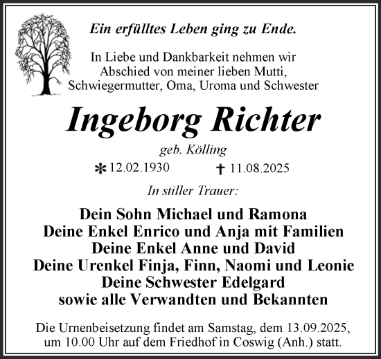 Traueranzeige von Ingeborg Richter von Trauerkombi Wittenberg