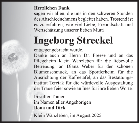 Traueranzeige von Ingeborg Streckel von Volksstimme Oschersleben/Wanzleben