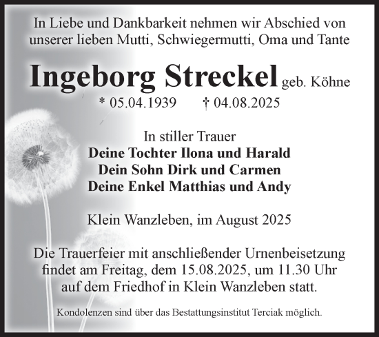 Traueranzeige von Ingeborg Streckel von Volksstimme Oschersleben/Wanzleben