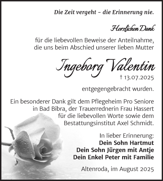 Traueranzeige von Ingeborg Valentin von Super Sonntag Naumburg/Nebra