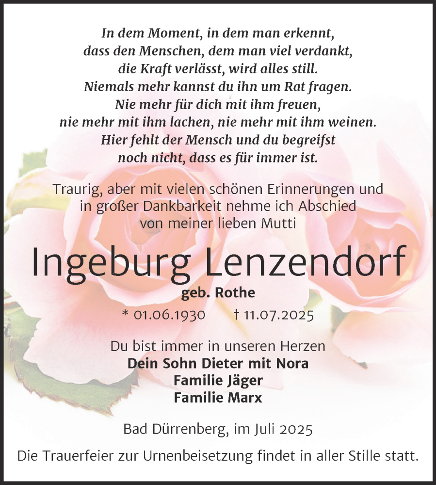  Traueranzeige für Ingeburg Lenzendorf vom 02.08.2025 aus Trauerkombi Merseburg