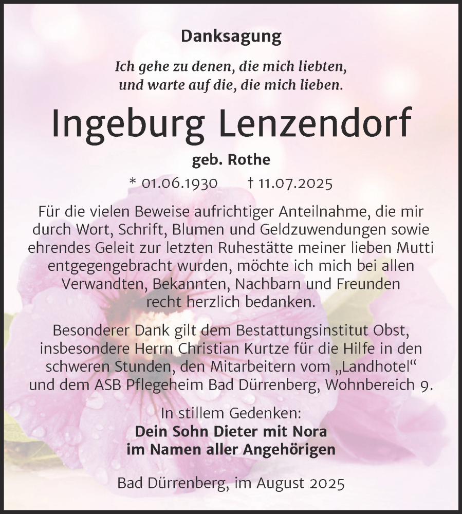  Traueranzeige für Ingeburg Lenzendorf vom 16.08.2025 aus Trauerkombi Merseburg