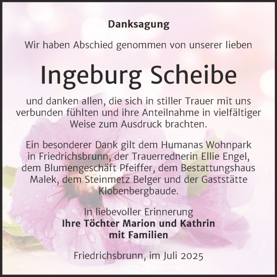 Traueranzeige von Ingeburg Scheibe von Trauerkombi Quedlinburg