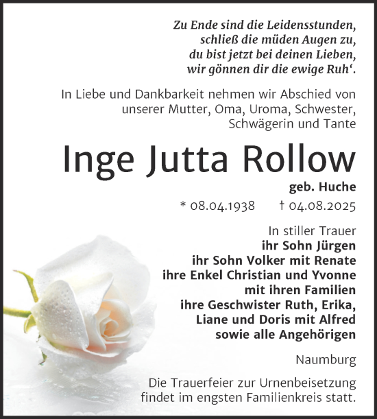 Traueranzeige von Inge Jutta Rollow von Naumburger Tageblatt