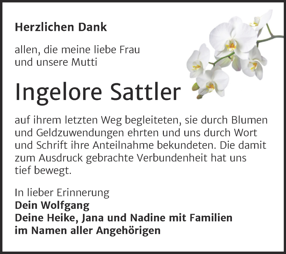  Traueranzeige für Ingelore Sattler vom 21.08.2025 aus Trauerkombi Sangerhausen