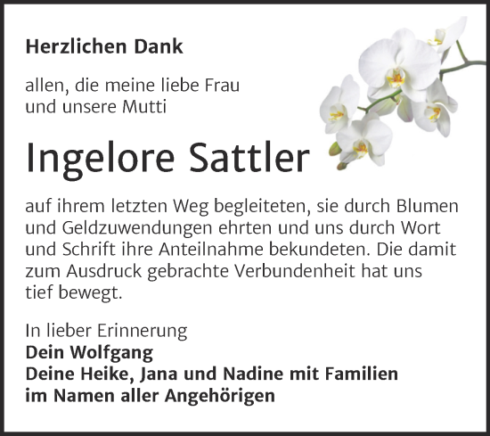 Traueranzeige von Ingelore Sattler von Trauerkombi Sangerhausen