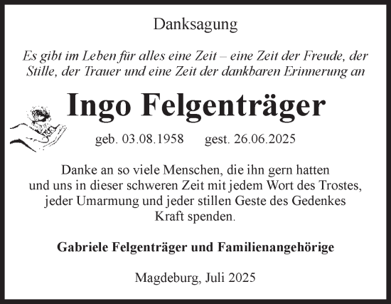 Traueranzeige von Ingo Felgenträger von Volksstimme Magdeburg