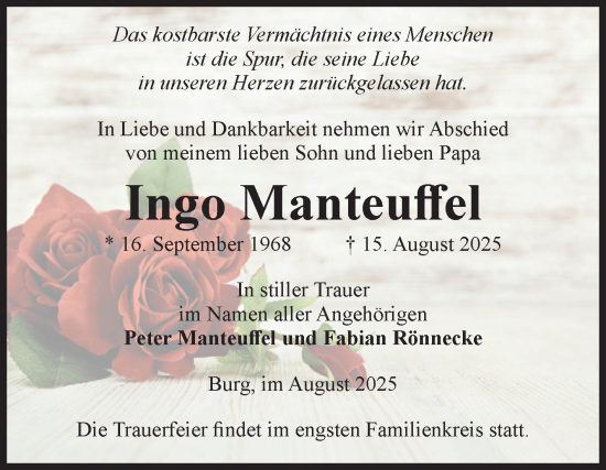 Traueranzeige von Ingo Manteuffel von Volksstimme Burg/Genthin