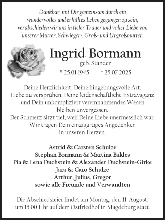 Traueranzeige von Ingrid Bormann von Volksstimme Magdeburg