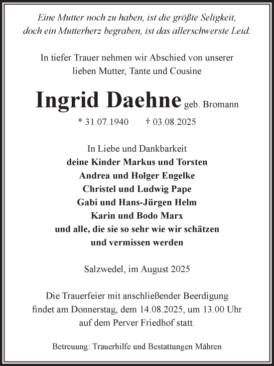 Traueranzeige von Ingrid Daehne von Volksstimme Altmark West