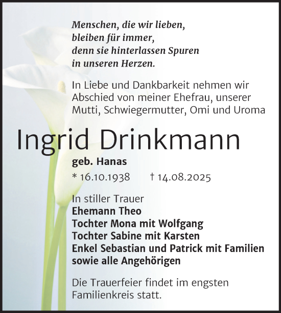 Traueranzeige von Ingrid Drinkmann von Trauerkombi Bernburg