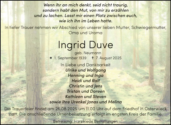 Traueranzeige von Ingrid Duve von Volksstimme Halberstadt