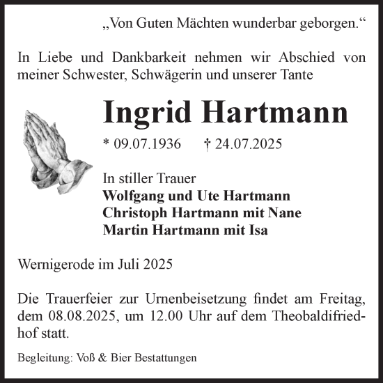 Traueranzeige von Ingrid Hartmann von Volksstimme Wernigerode
