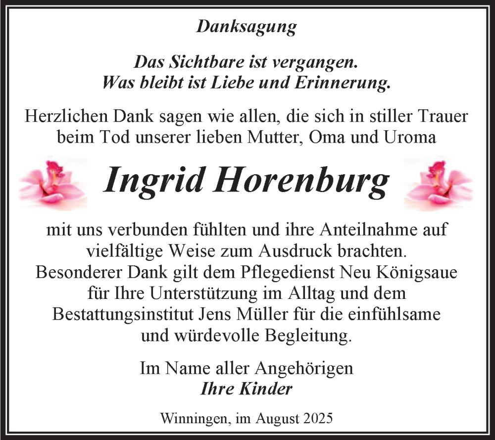  Traueranzeige für Ingrid Horenburg vom 23.08.2025 aus Trauerkombi Aschersleben