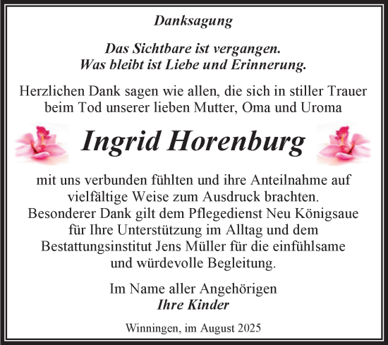 Traueranzeige von Ingrid Horenburg von Trauerkombi Aschersleben