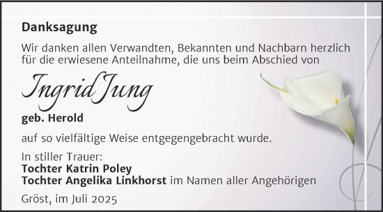 Traueranzeige von Ingrid Jung von Trauerkombi Merseburg