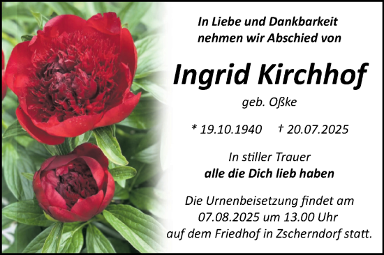 Traueranzeige von Ingrid Kirchhof von Trauerkombi Bitterfeld