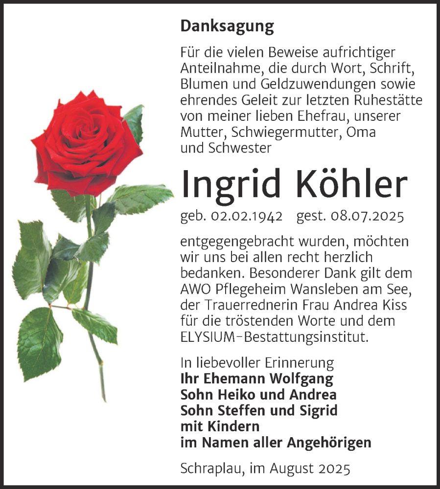  Traueranzeige für Ingrid Köhler vom 16.08.2025 aus Trauerkombi Merseburg