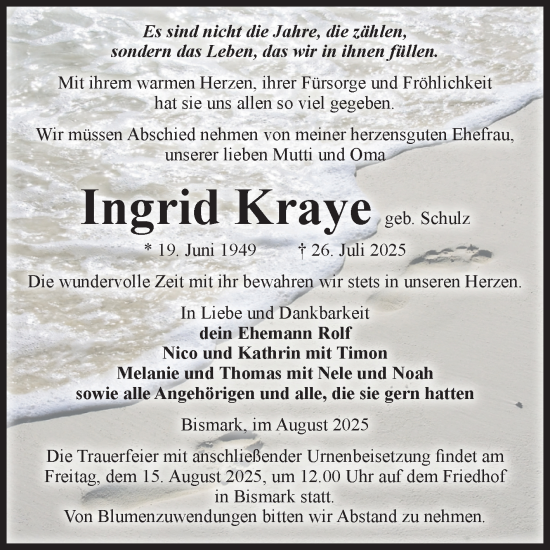 Traueranzeige von Ingrid Kraye von Volksstimme Altmark Ost