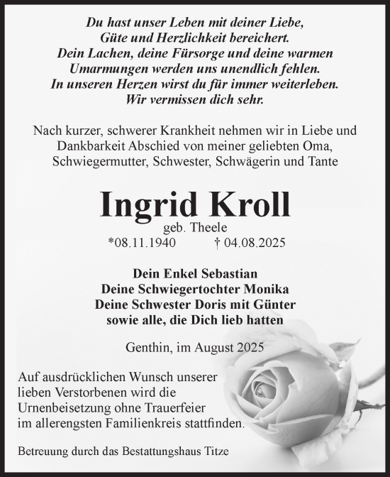 Traueranzeige von Ingrid Kroll von Volksstimme Burg/Genthin