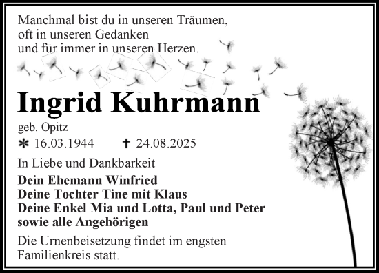 Traueranzeige von Ingrid Kuhrmsann von Trauerkombi Wittenberg