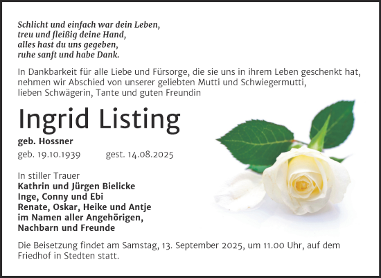 Traueranzeige von Ingrid Listing von Trauerkombi Mansfelder Land