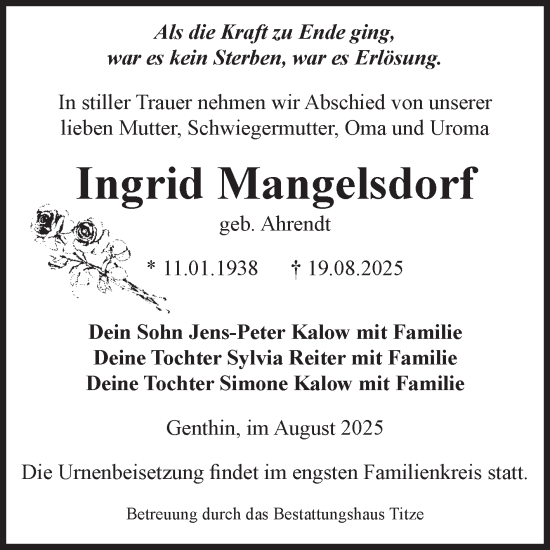 Traueranzeige von Ingrid Mangelsdorf von Volksstimme Burg/Genthin