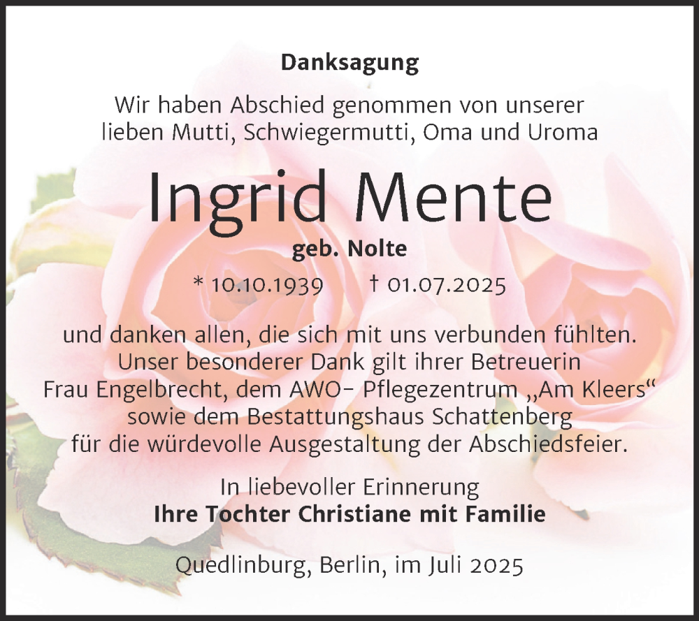  Traueranzeige für Ingrid Mente vom 02.08.2025 aus Trauerkombi Quedlinburg
