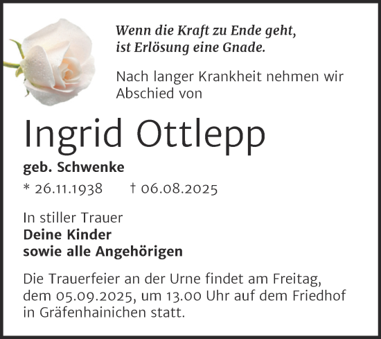 Traueranzeige von Ingrid Ottlepp von Trauerkombi Wittenberg
