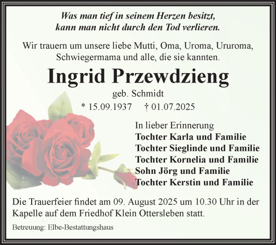 Traueranzeige von Ingrid Przewdzieng von Volksstimme Magdeburg