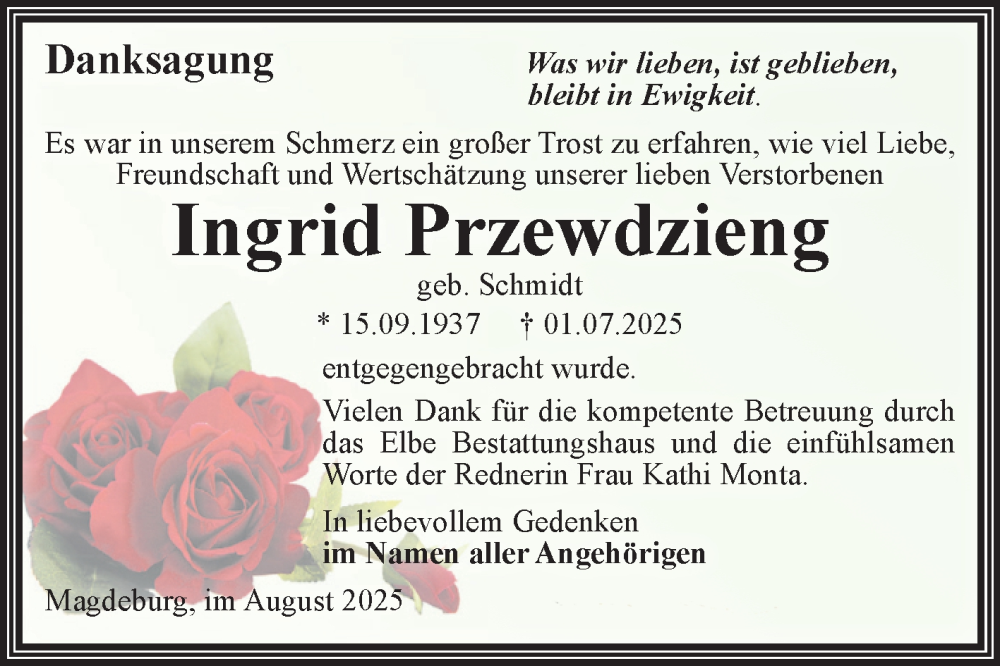  Traueranzeige für Ingrid Przewdzieng vom 16.08.2025 aus Volksstimme Magdeburg