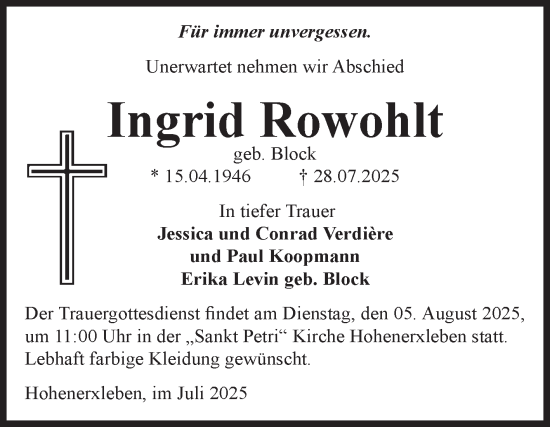 Traueranzeige von Ingrid Rowohlt 