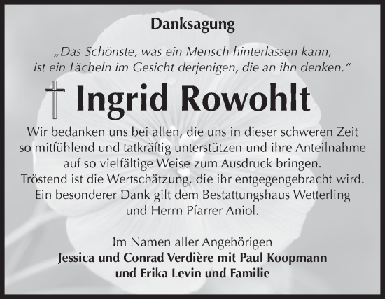 Traueranzeige von Ingrid Rowohlt 