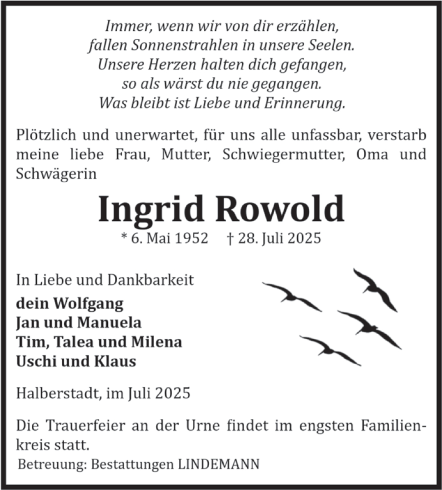  Traueranzeige für Ingrid Rowold vom 16.08.2025 aus Volksstimme Halberstadt