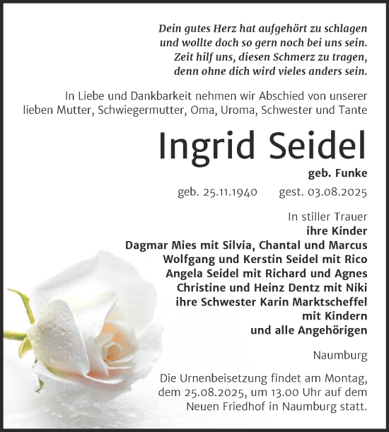 Traueranzeige von Ingrid Seidel von Super Sonntag Naumburg/Nebra