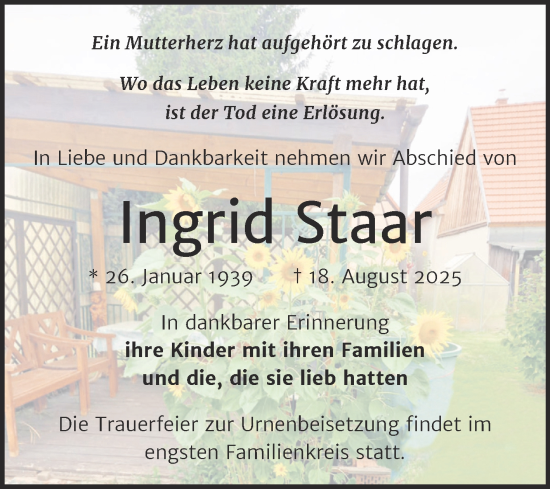 Traueranzeige von Ingrid Staar von Super Sonntag Naumburg/Nebra