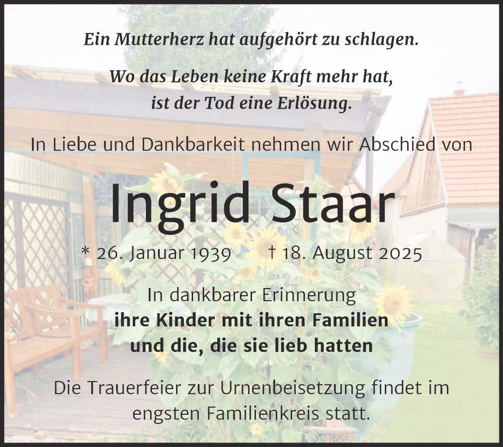  Traueranzeige für Ingrid Staar vom 30.08.2025 aus Super Sonntag Naumburg/Nebra
