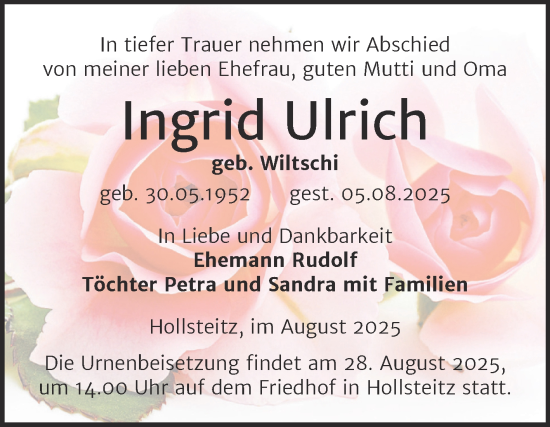Traueranzeige von Ingrid Ulrich von Trauerkombi Zeitz
