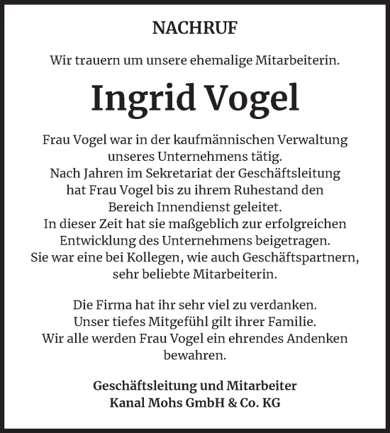 Traueranzeige von Ingrid Vogel von Mitteldeutsche Zeitung Köthen