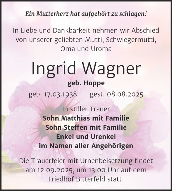 Traueranzeige von Ingrid Wagner von Trauerkombi Bitterfeld
