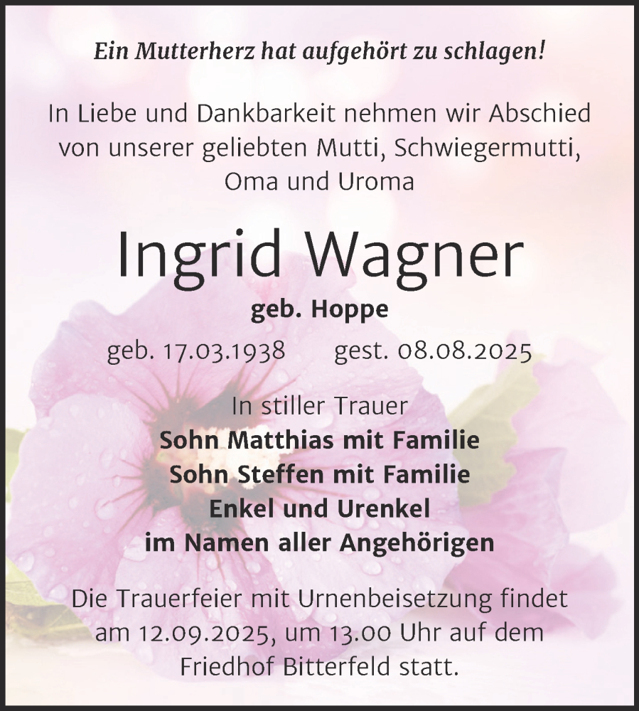  Traueranzeige für Ingrid Wagner vom 23.08.2025 aus Trauerkombi Bitterfeld